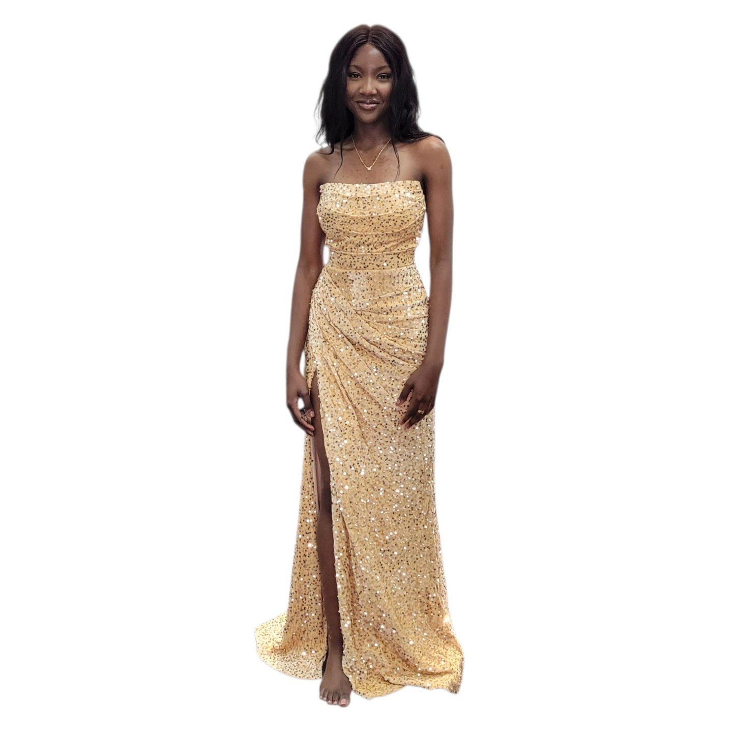 Strapless Sequin Evening Gown with Corset Back and Leg Slit