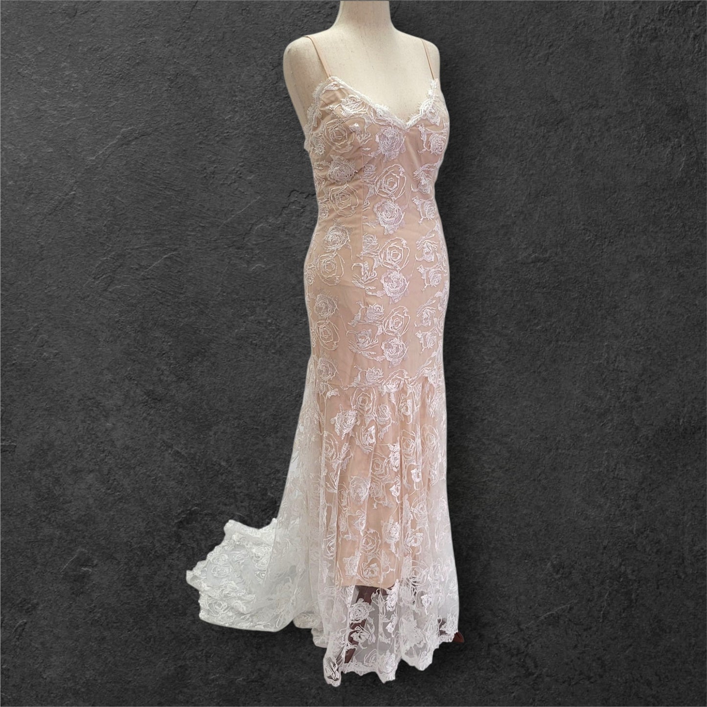 Beige Destination Wedding Dress with White Rose Overlay and Train