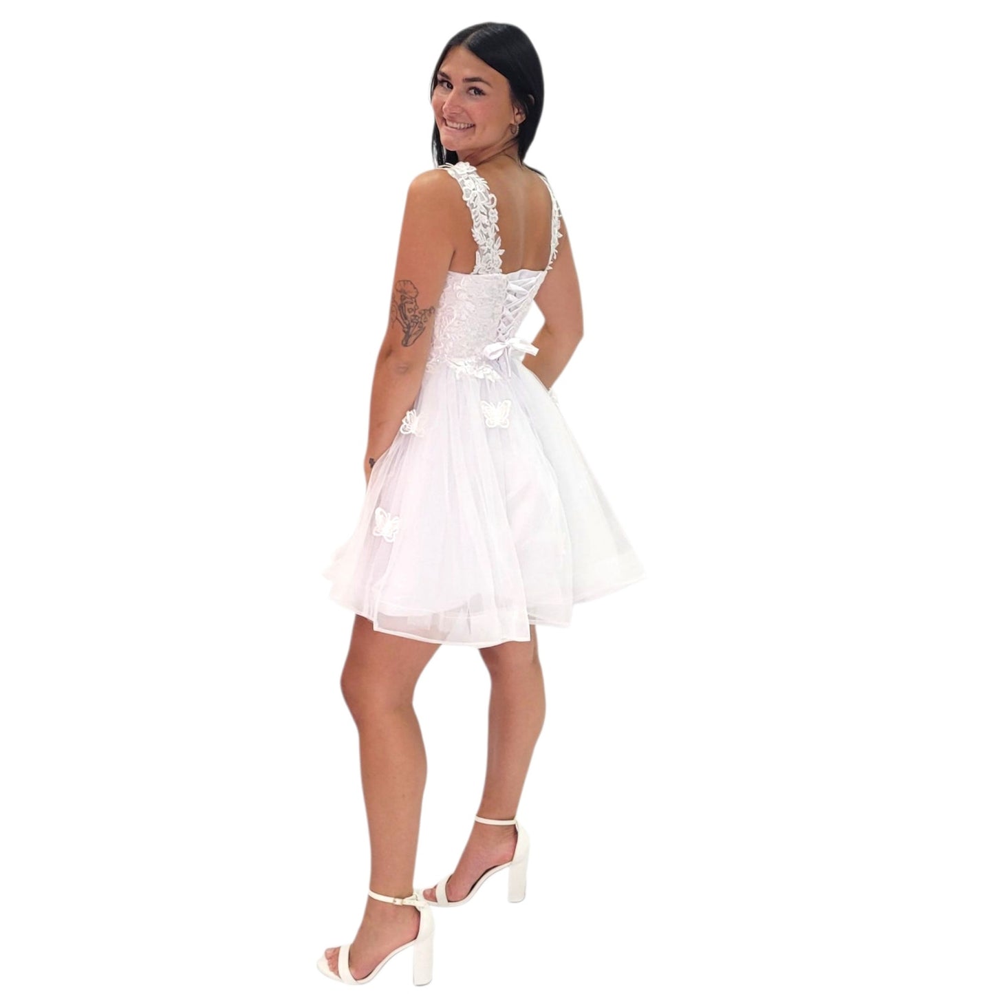 Short Butterfly Cocktail Dress with Tulle Skirt and Corset back