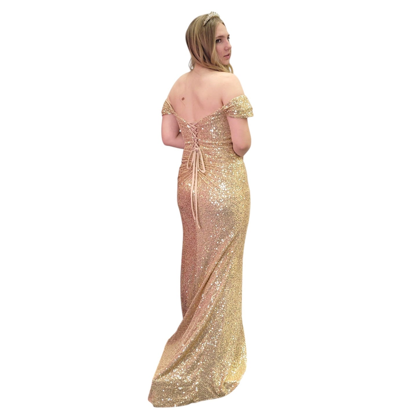 Gold Sequin Evening Gown with Off Shoulder Sleeves and Leg Slit