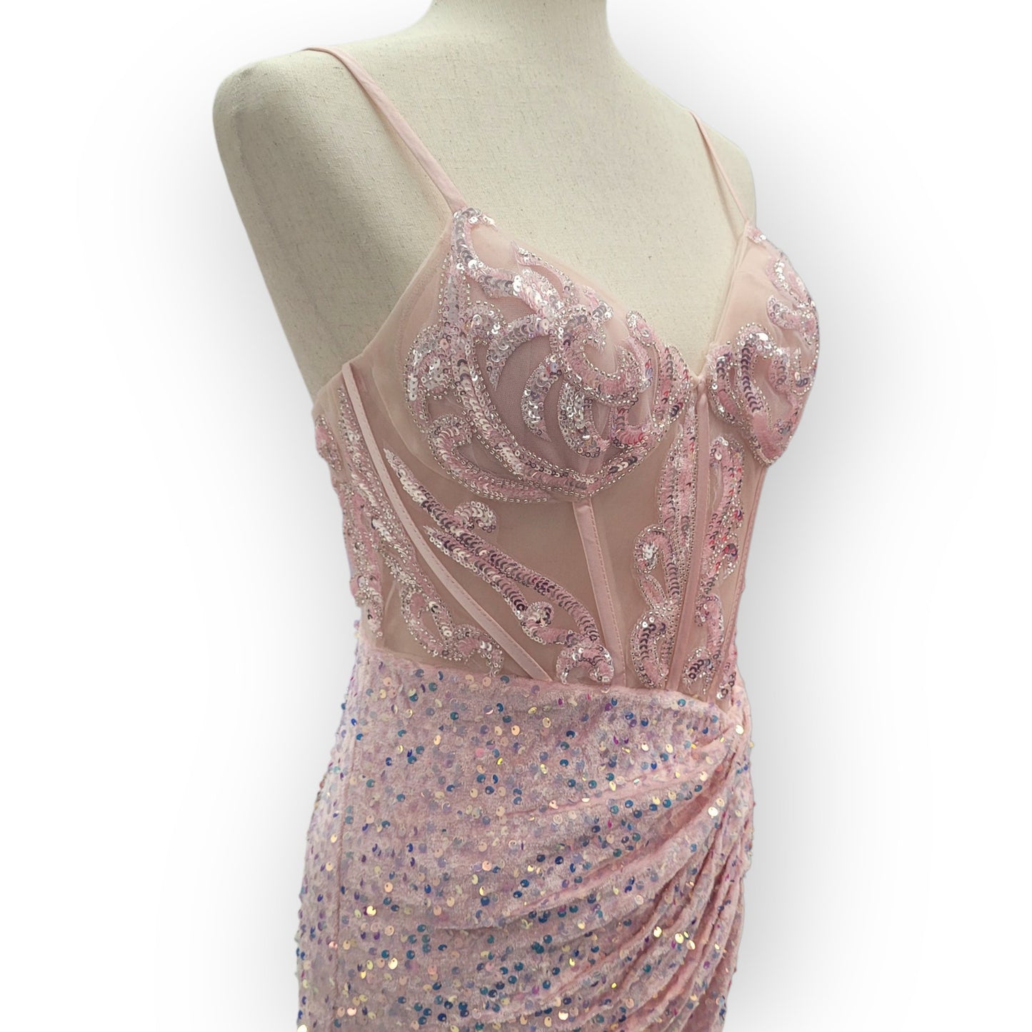 Light Pink Sequin Gown with Detailed Bodice