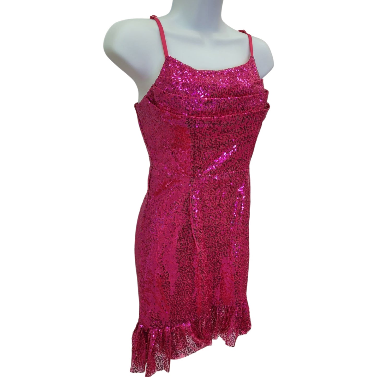 Women's Short Hot Pink Sequin Dress with Corset Back