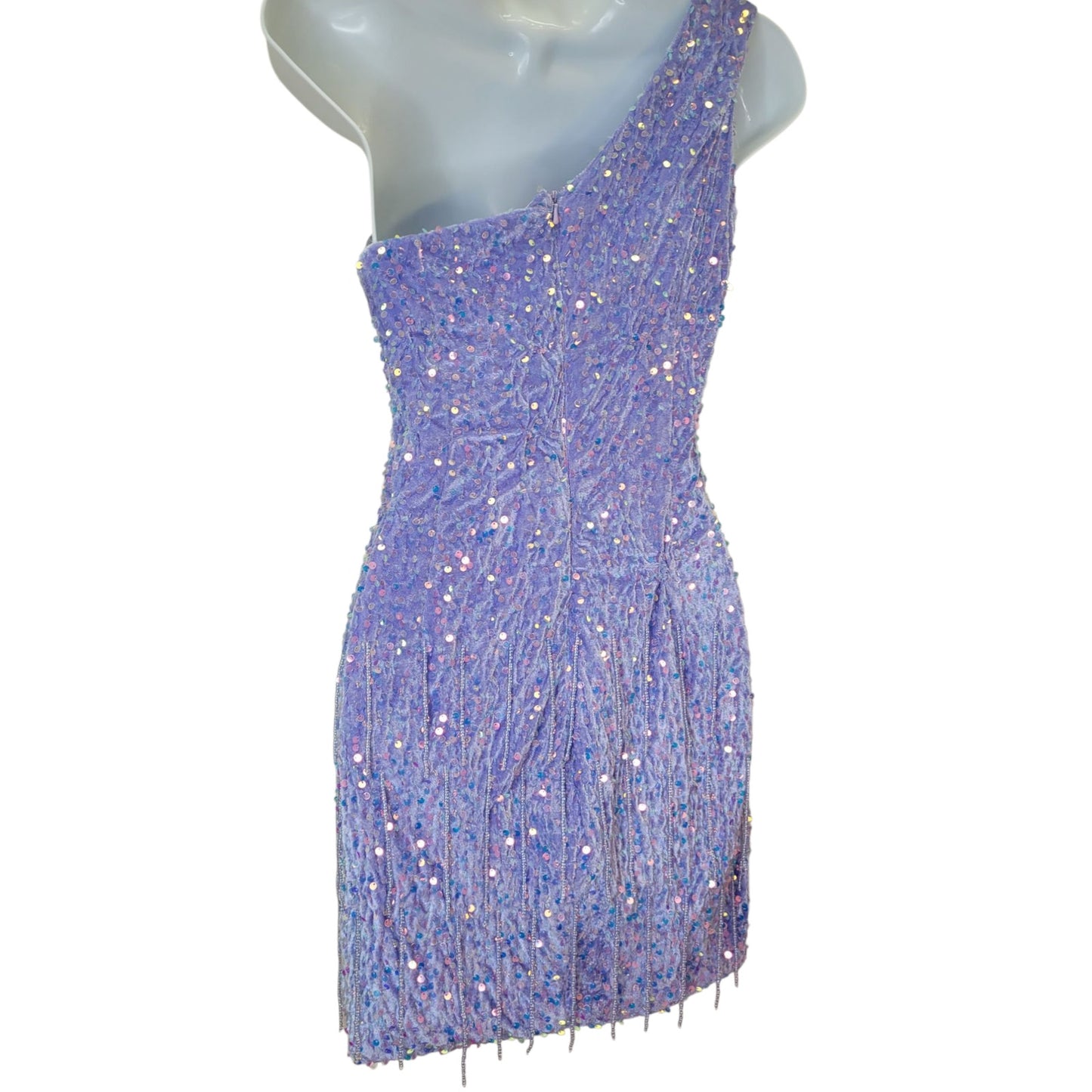 Women's Short Purple Sequin One Shoulder Dress with Beaded Fringe