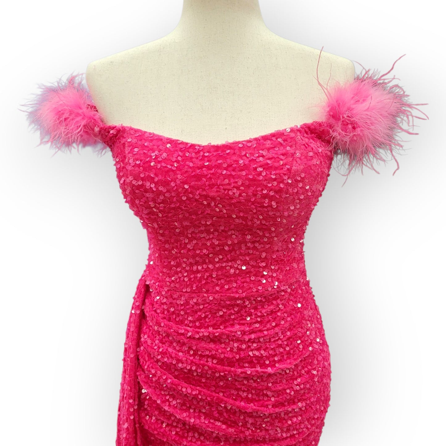 Hot Pink Evening Gown with Feathered Off-Shoulder Straps and Side Train