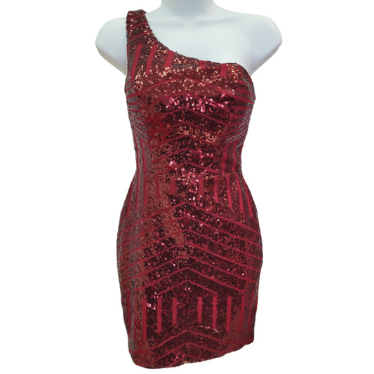 Short Burgundy Sequin Dress with One Shoulder