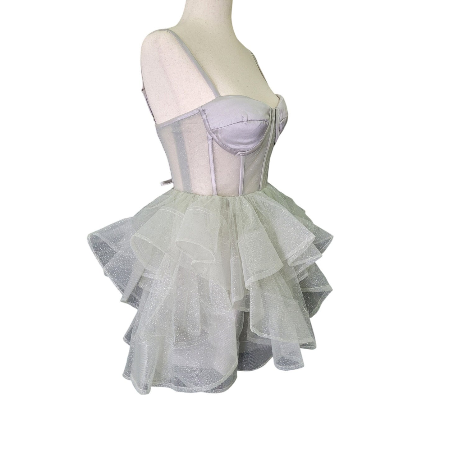 Short Cocktail Dress Tulle Skirt Semi-Sheer Bodice Corset Back