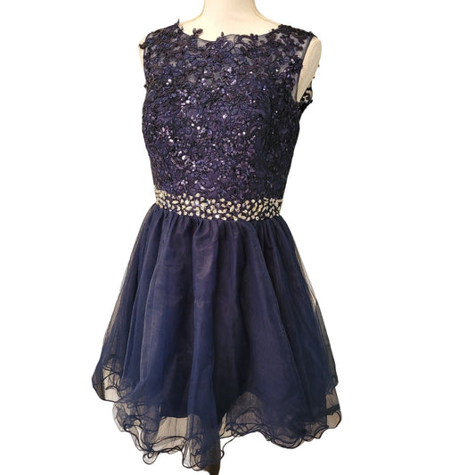 Women's Navy Short Dress Embroidered Bodice Keyhole Back