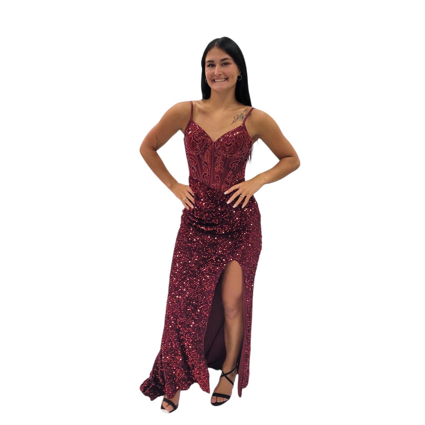 Sequin Evening Gown with Detailed Bodice and Leg Slit