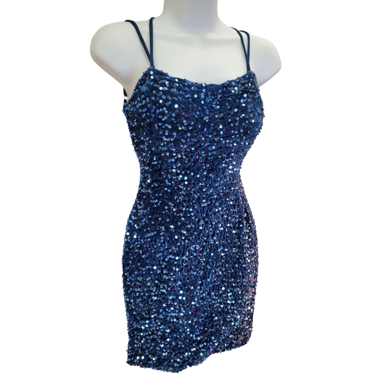 Women's Short Teal Sequin Dress with Strappy Corset Back