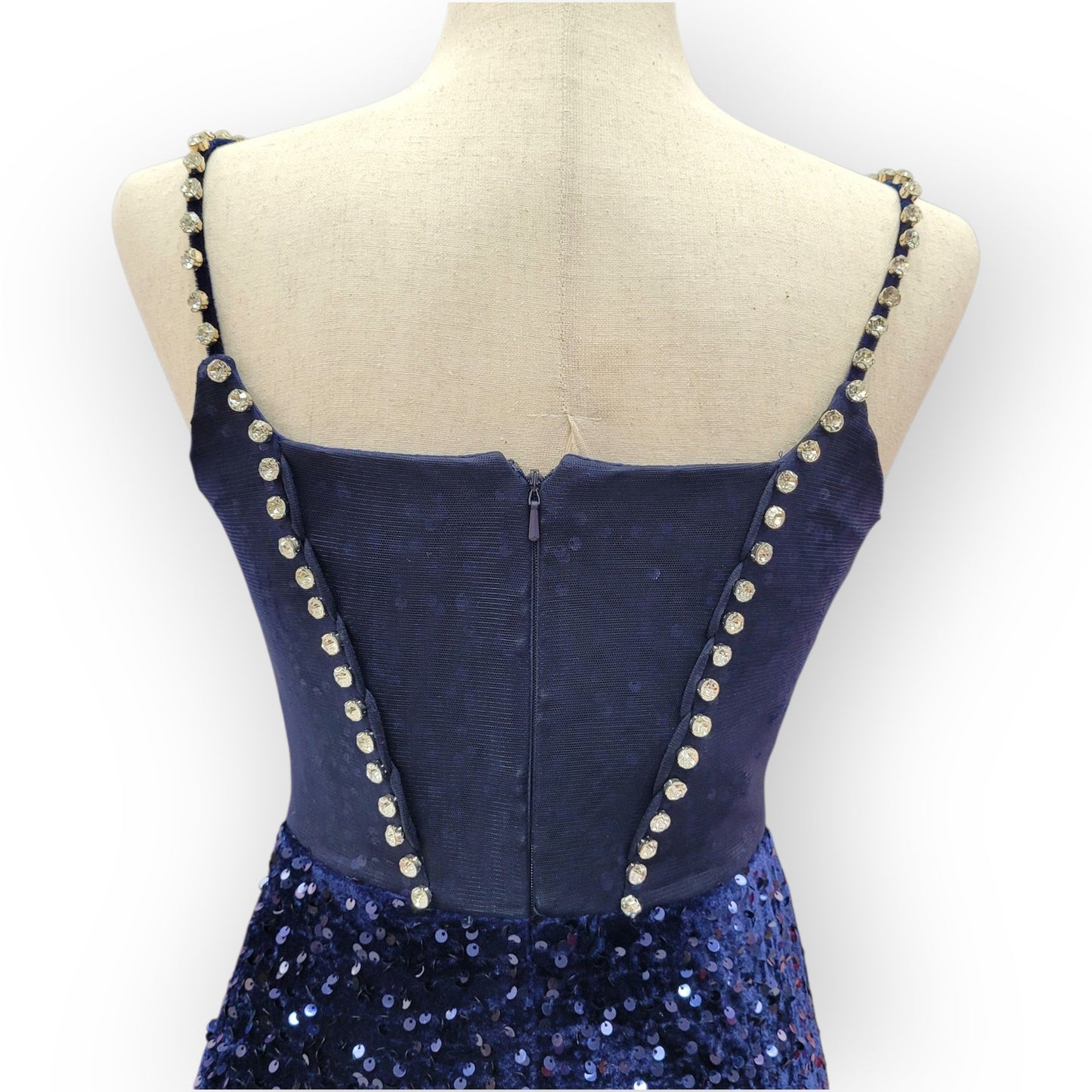 Fitted Navy Blue Sequin Gown with Pearl Detail Bust and Tulle Side Train