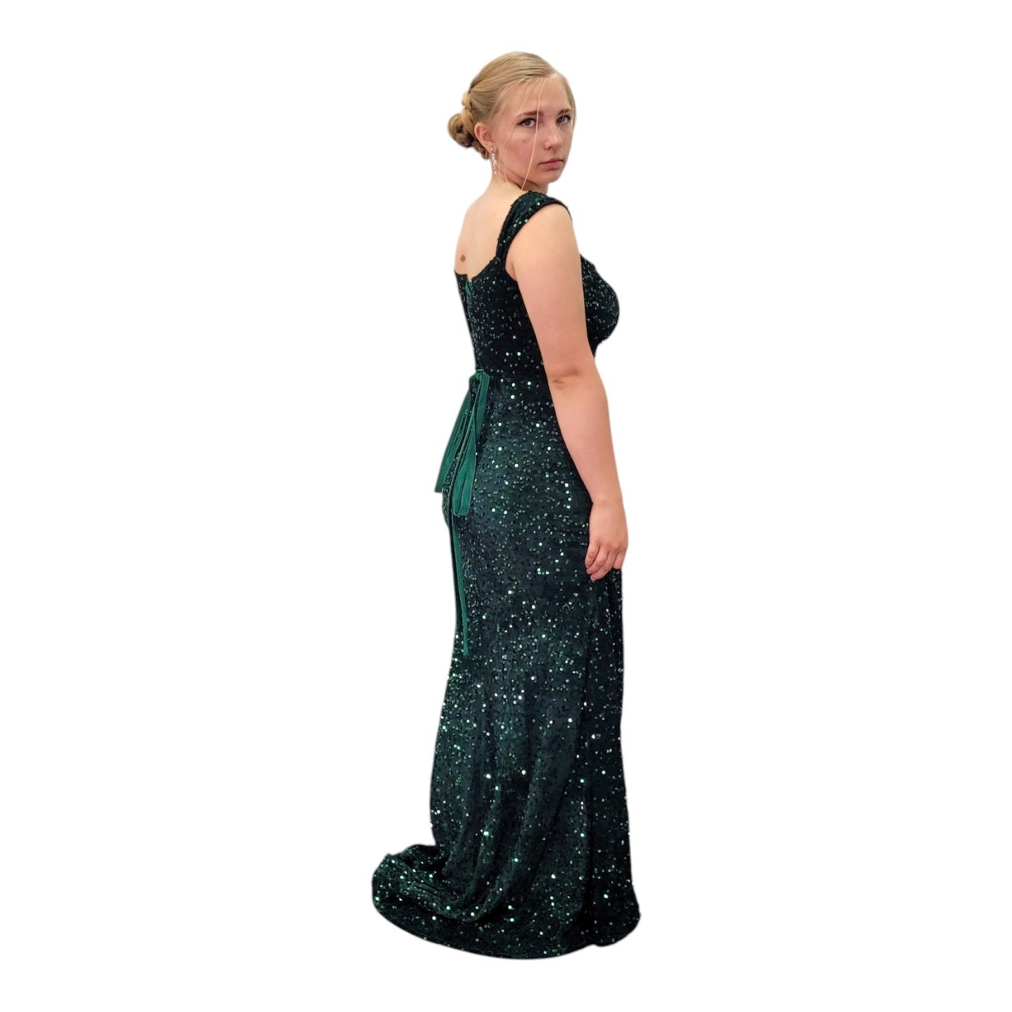 Off Shoulder Sequin Evening Gown with Corset Back on Velvet Fabric