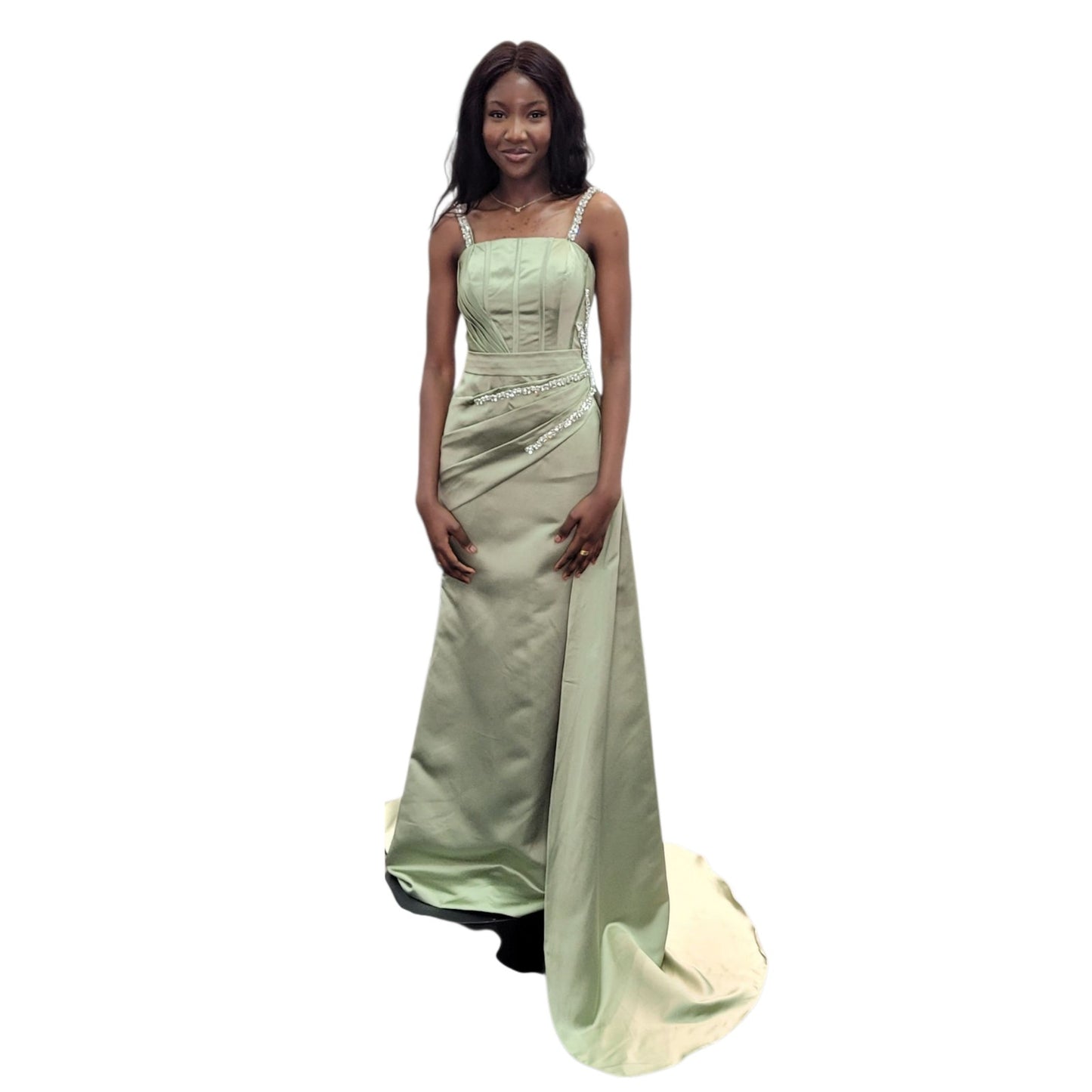 Satin Evening Gown with Full Corset Back and Large Crystal Bodice and Straps