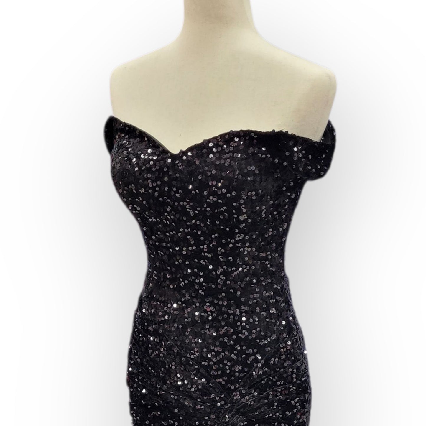 Sultry Off Shoulder Sequin Gown with Corset and Slit