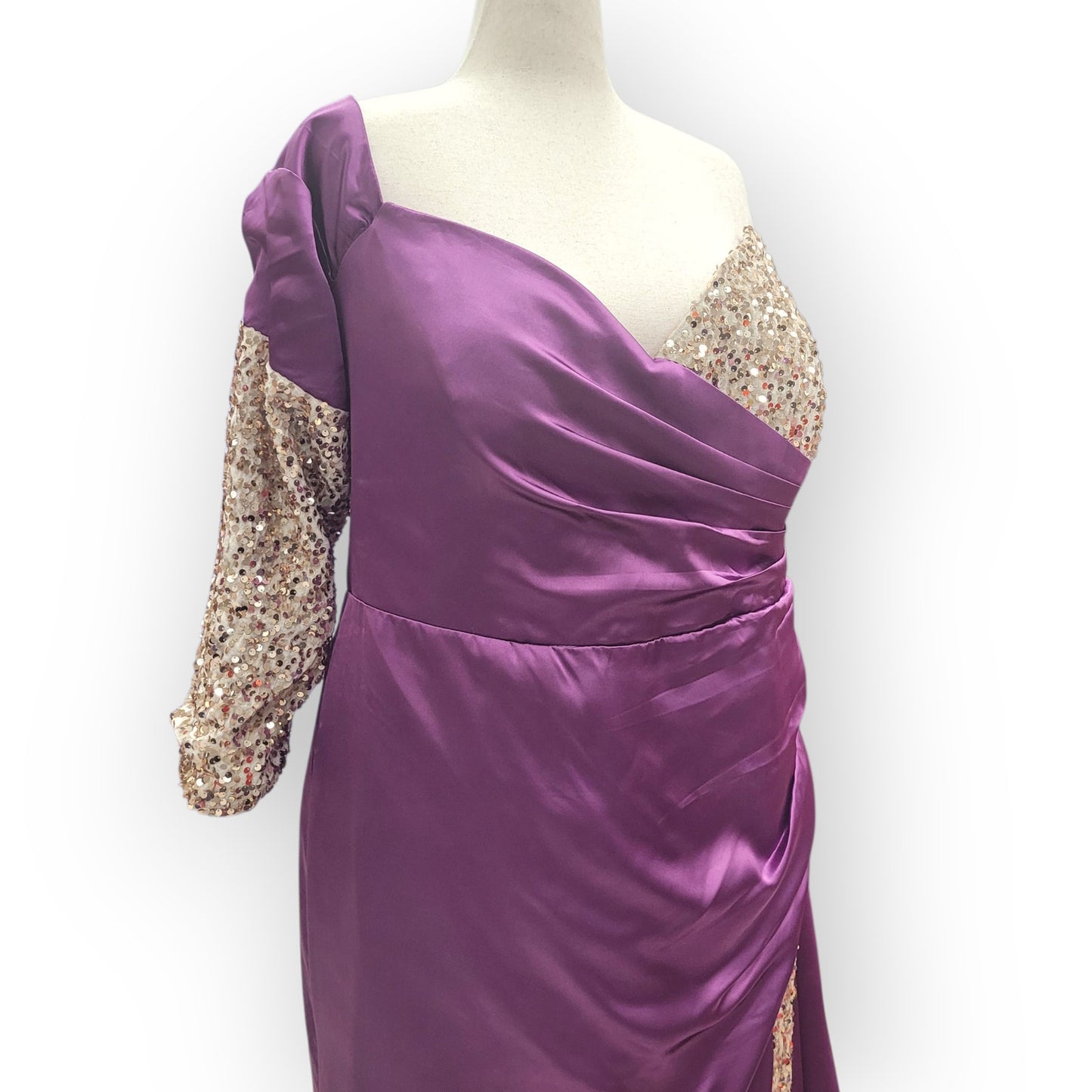 Asymmetric Purple Gown with Gold Sequins and Side Train
