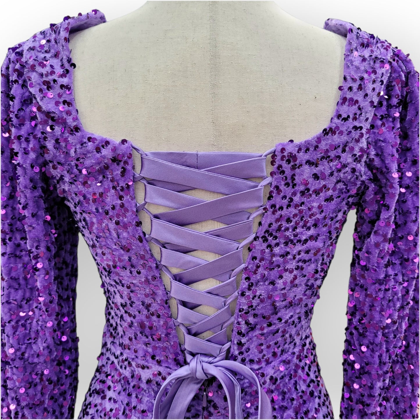 Fitted Long Sleeve Sequin Gown with Leg Slit and Corset Back