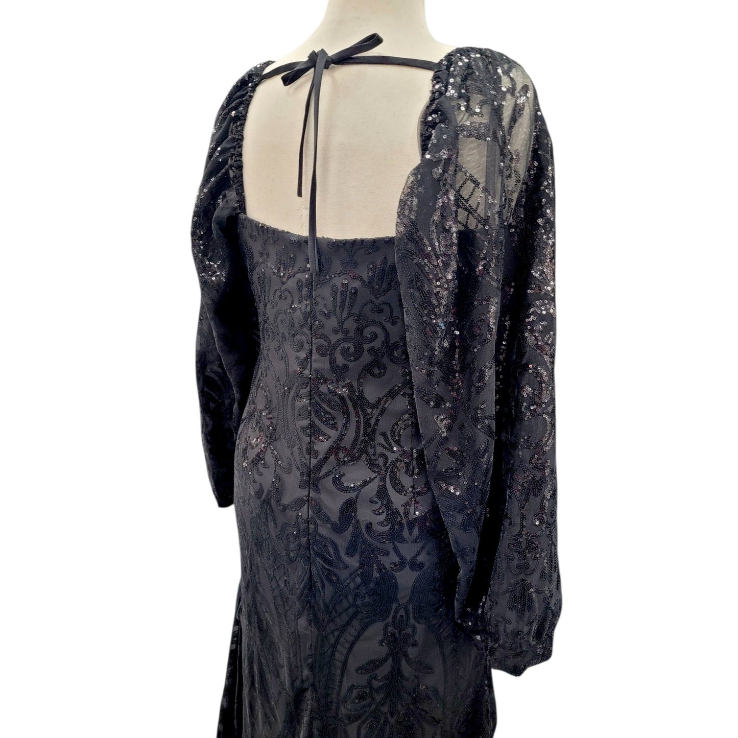 Long Sleeved Patterned Sequin Gown in Black