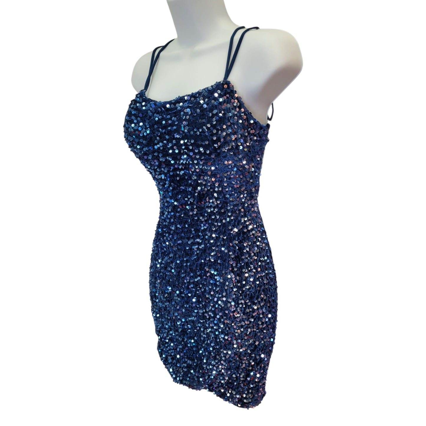 Women's Short Teal Sequin Dress with Strappy Corset Back