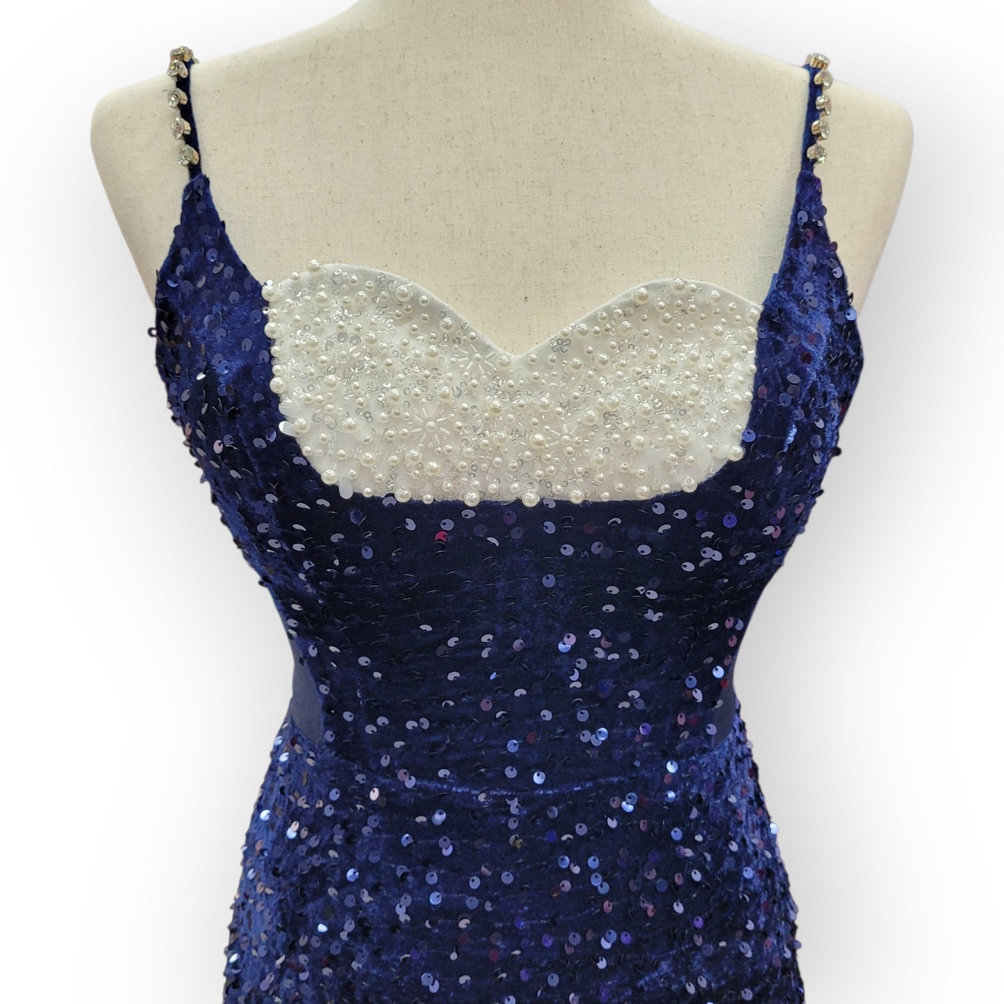 Fitted Navy Blue Sequin Gown with Pearl Detail Bust and Tulle Side Train