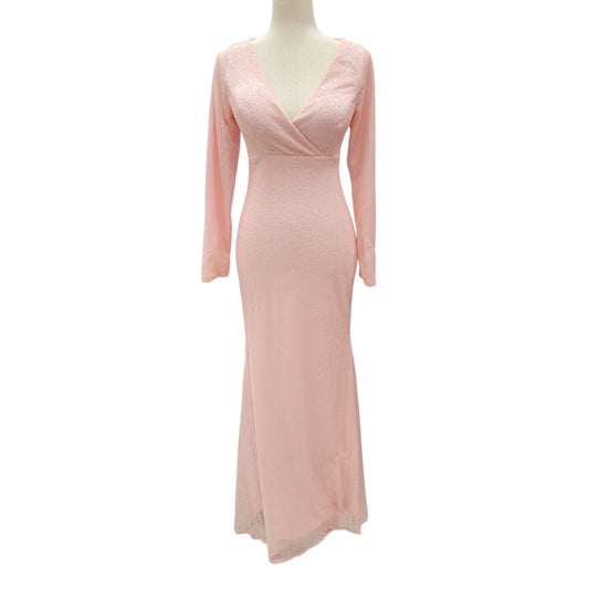 Light Pink Fitted Sequin Gown with Long Sleeves