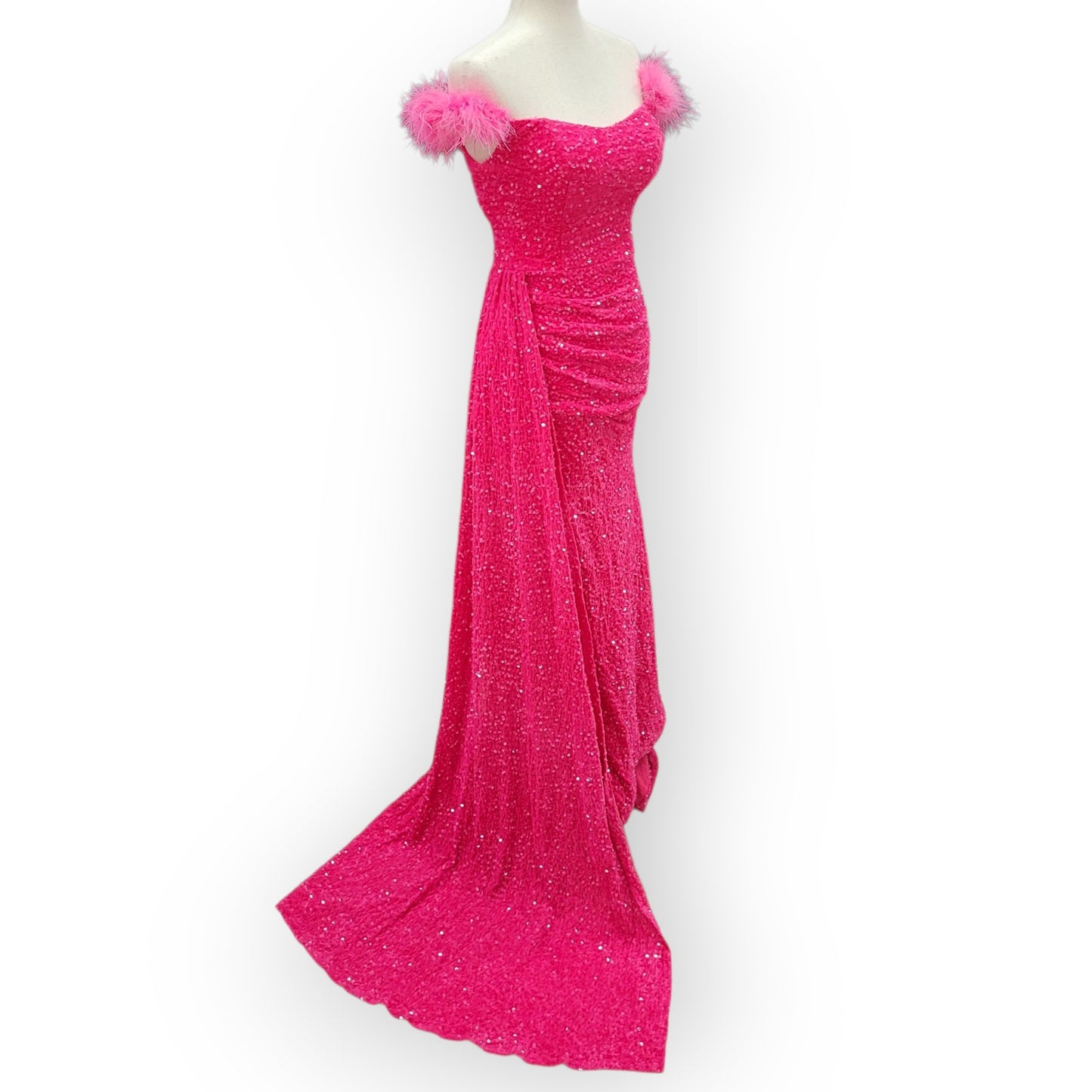 Hot Pink Evening Gown with Feathered Off-Shoulder Straps and Side Train