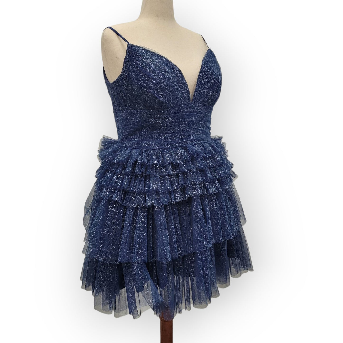 Navy Blue Sparkle Layered Ruffle Cocktail Dress with Corset Back