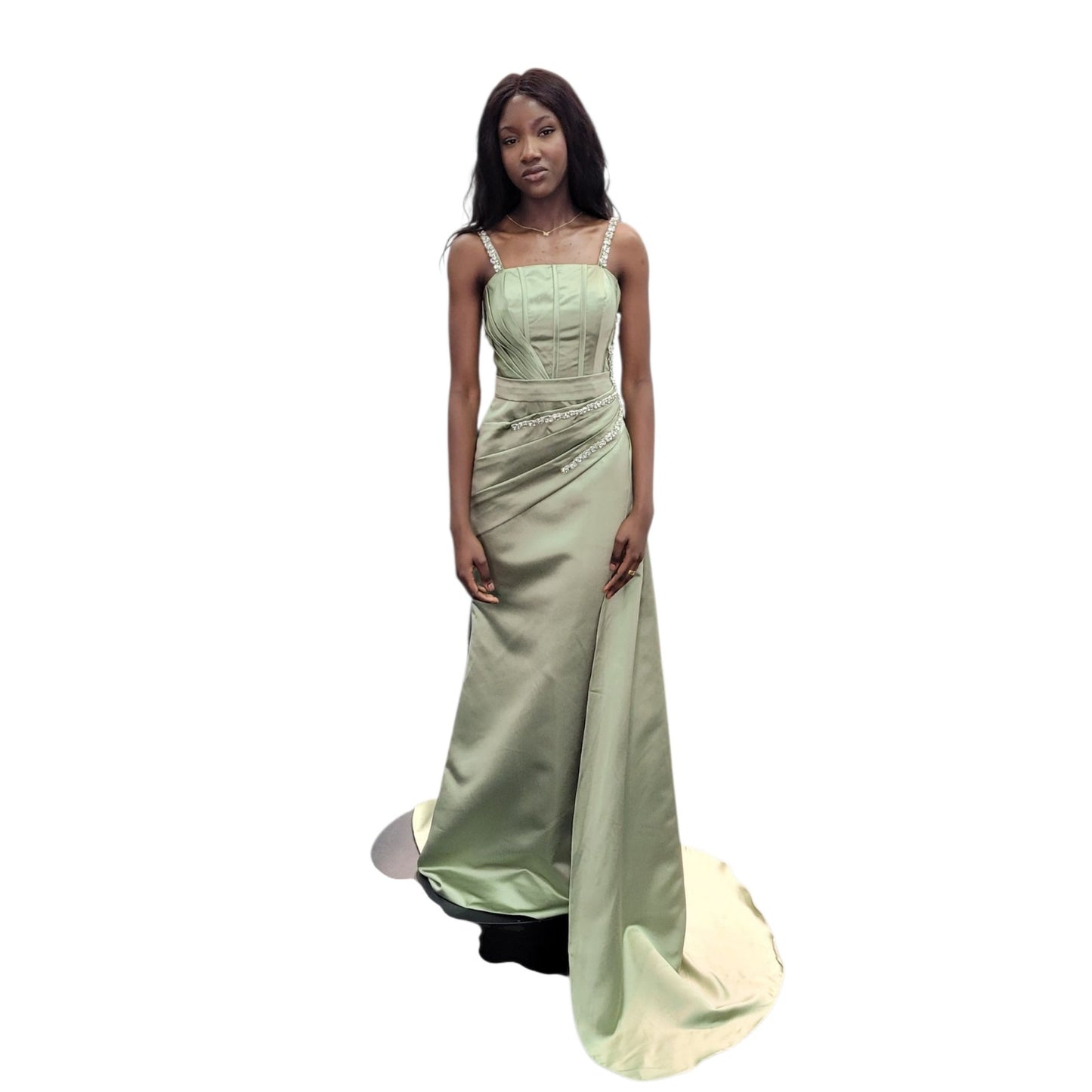 Satin Evening Gown with Full Corset Back and Large Crystal Bodice and Straps
