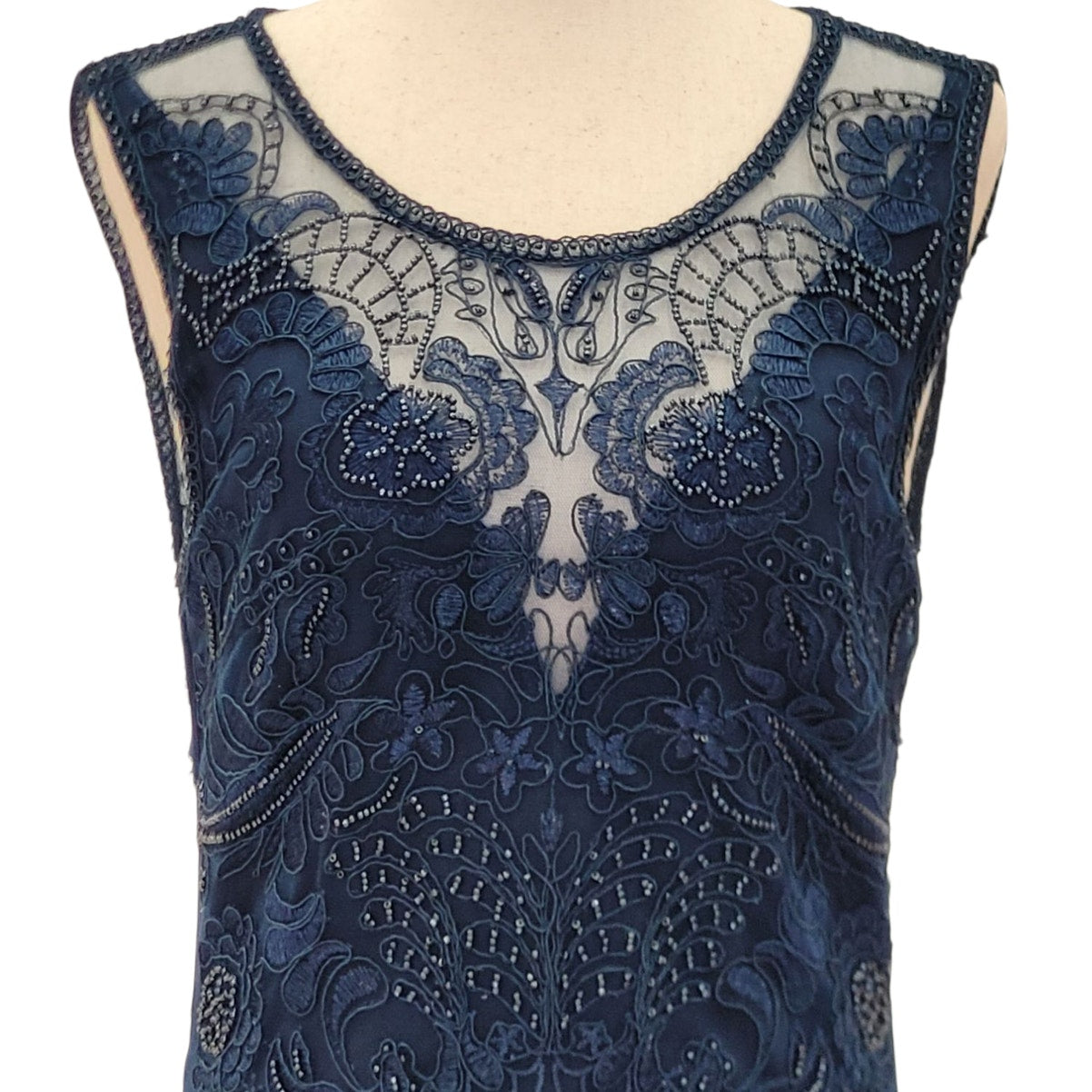 Navy Blue Scoop Neck Cocktail Dress with Beautiful Detailed Bead Overlay