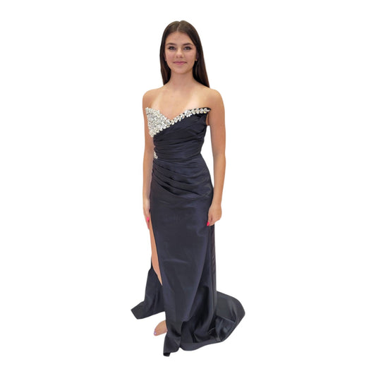 Black Satin Evening Gown with Jeweled Bust and Bodice with Corset Back