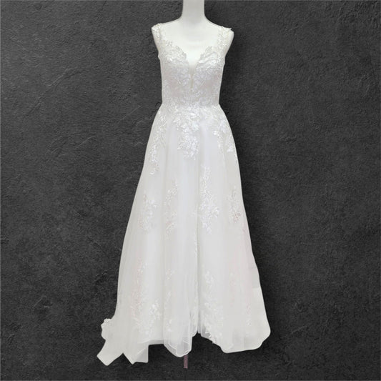 Detailed Low Back Wedding Dress with Train and Plunge V Neck