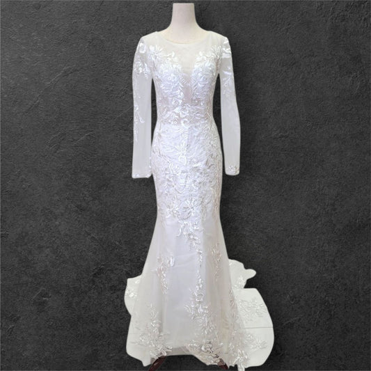 Trumpet Style Wedding Dress with Train and Fitted Long Sleeves