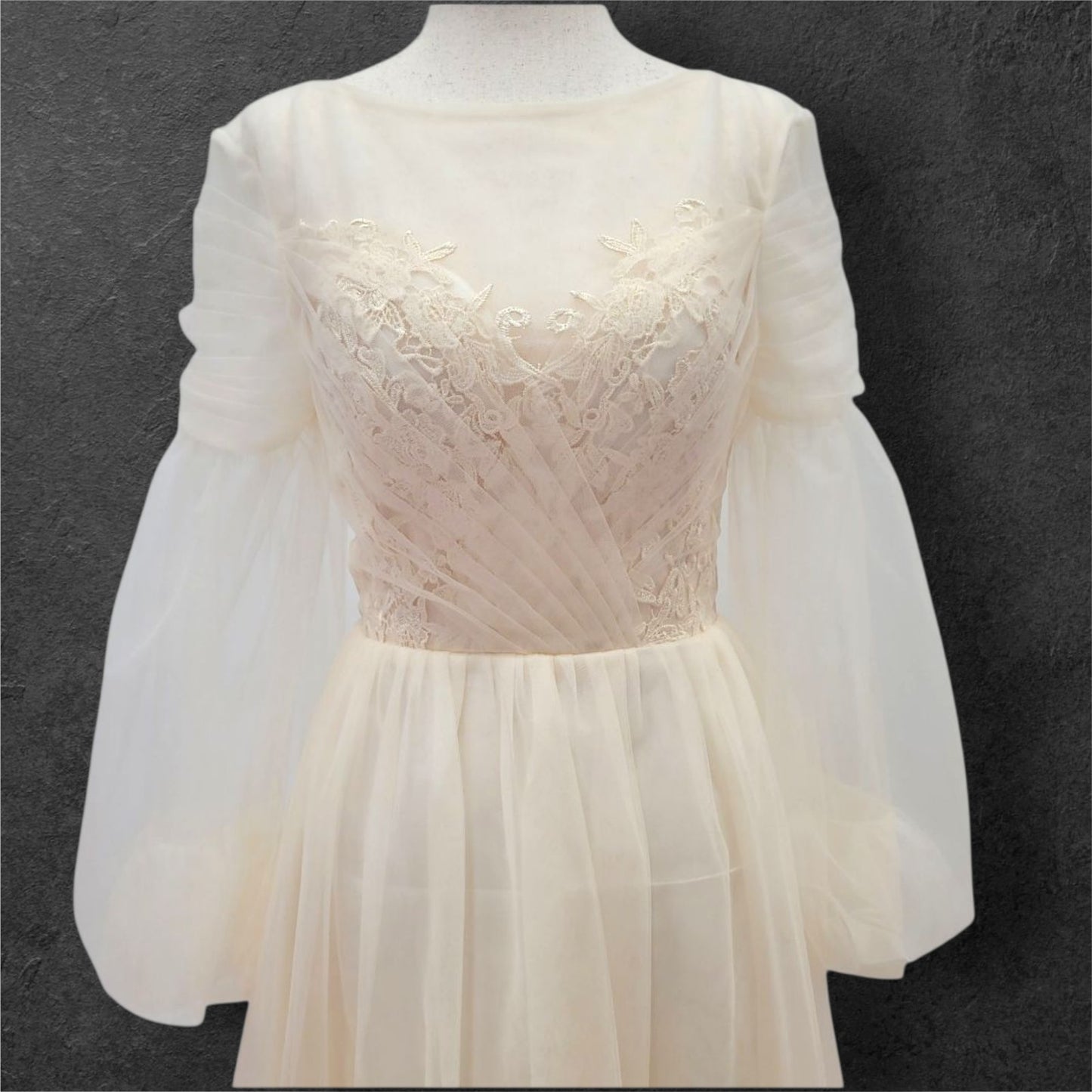 A Line Champagne Wedding Dress with Long Tulle Sleeves and Full Corset