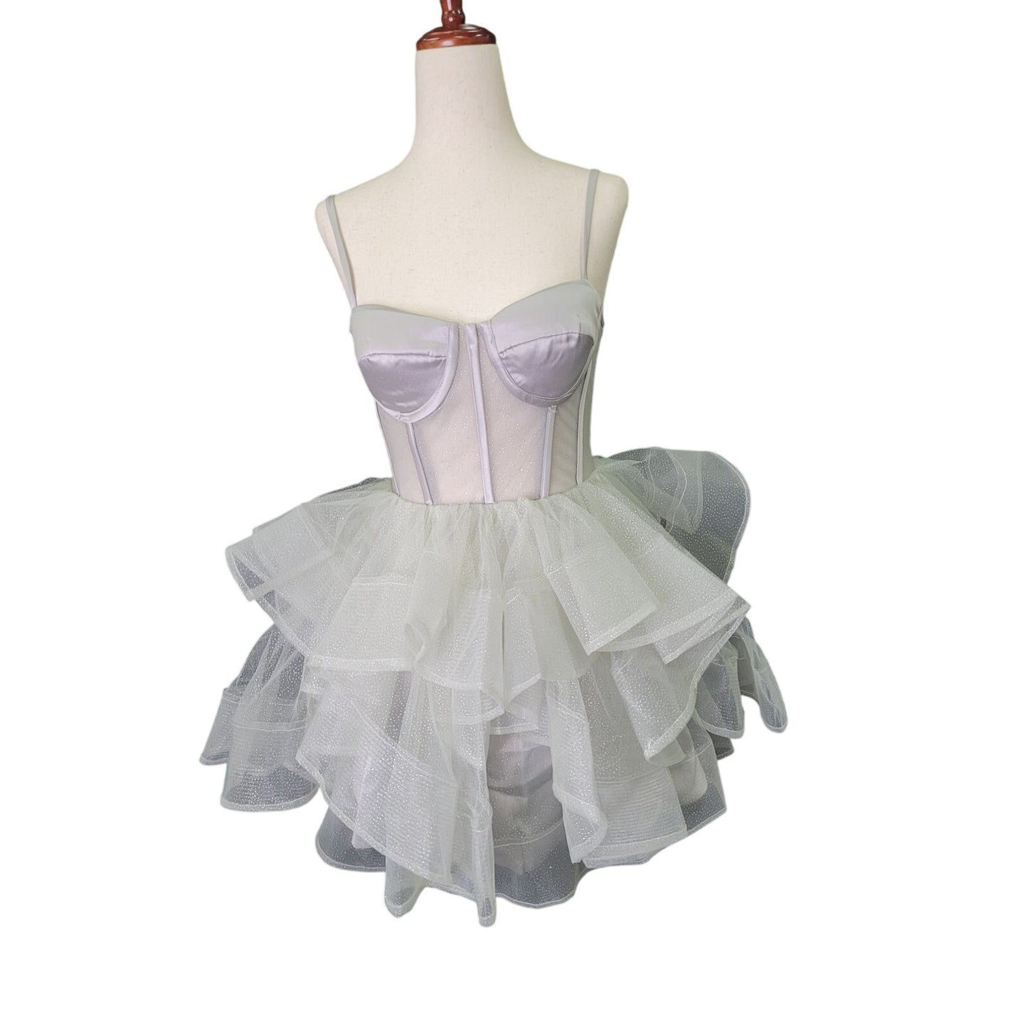 Short Cocktail Dress Tulle Skirt Semi-Sheer Bodice Corset Back