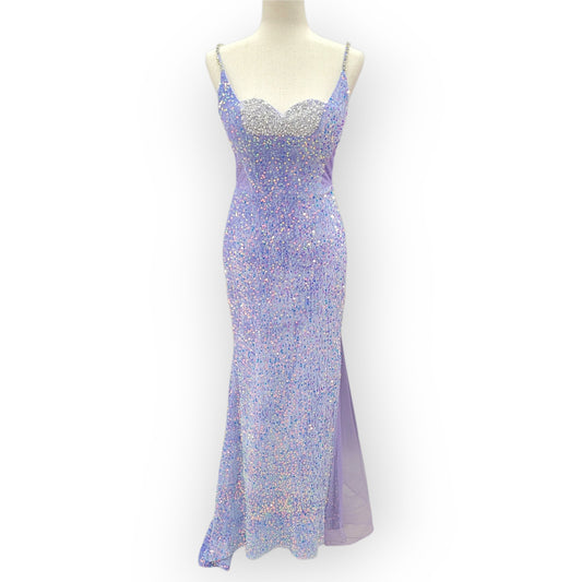 Fitted Iridescent Sequin Gown with Pearl Detail Bust and Tulle Side Train
