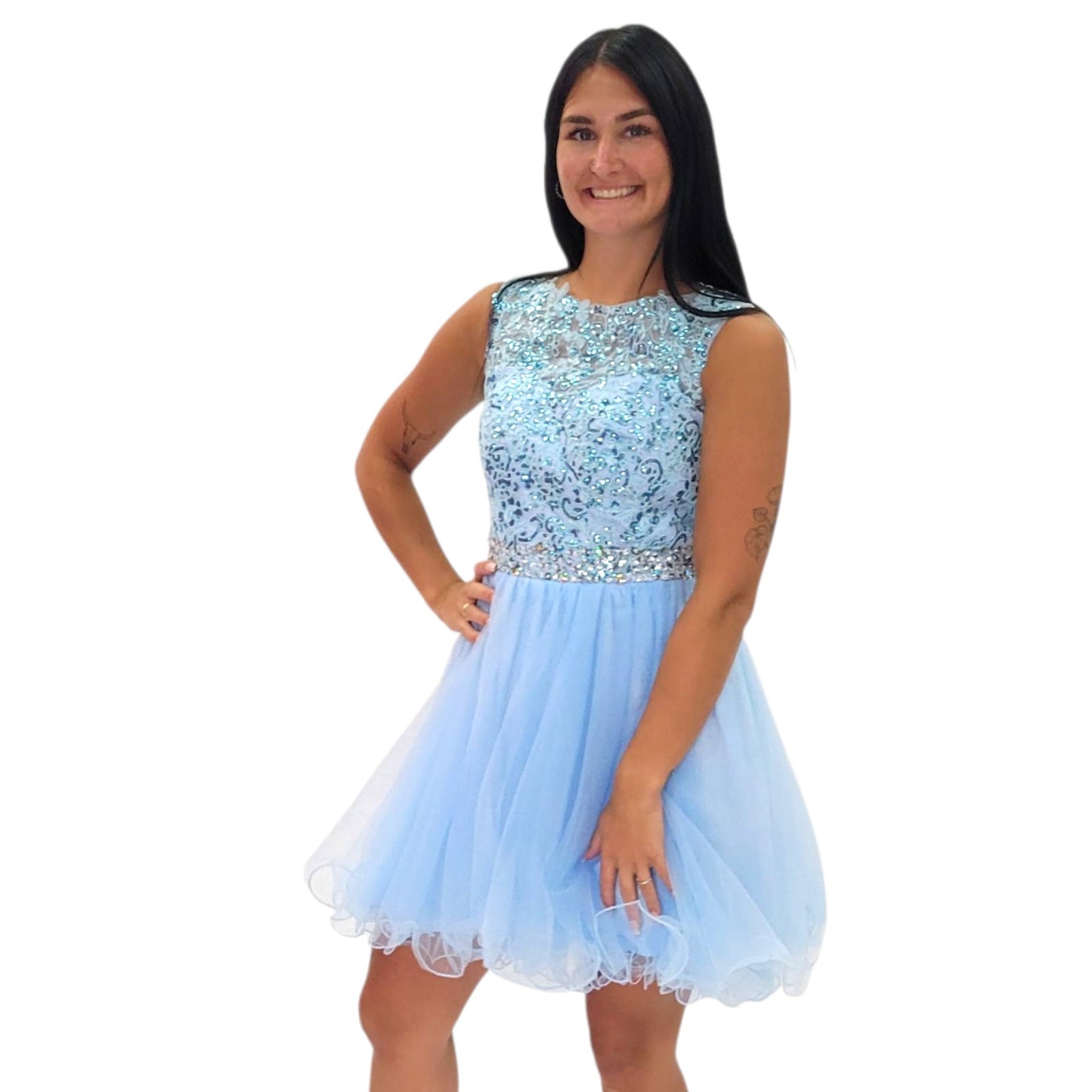 Short Cocktail Dress with Detailed Bodice High Neck and Keyhole Back with Tulle Skirt