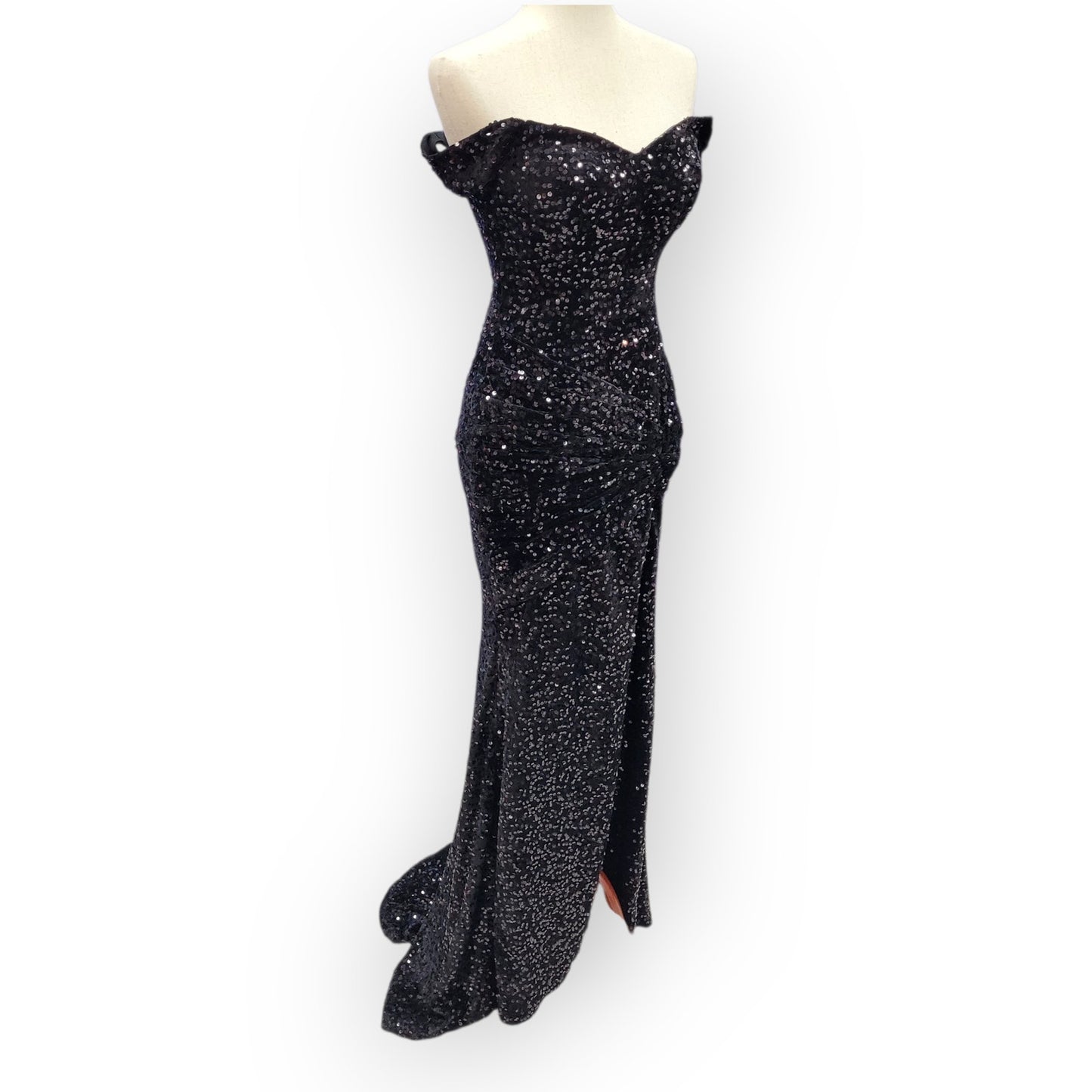 Sultry Off Shoulder Sequin Gown with Corset and Slit