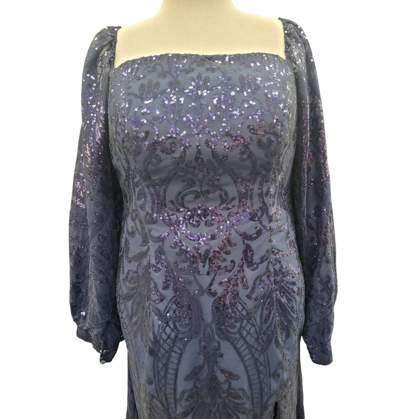 Long Sleeved Patterned Sequin Gown in Navy Blue