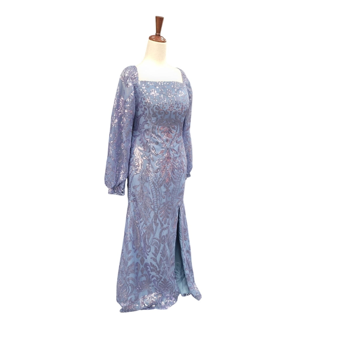 Long Sleeved Patterned Sequin Gown in Blue