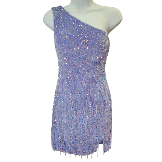Women's Short Purple Sequin One Shoulder Dress with Beaded Fringe