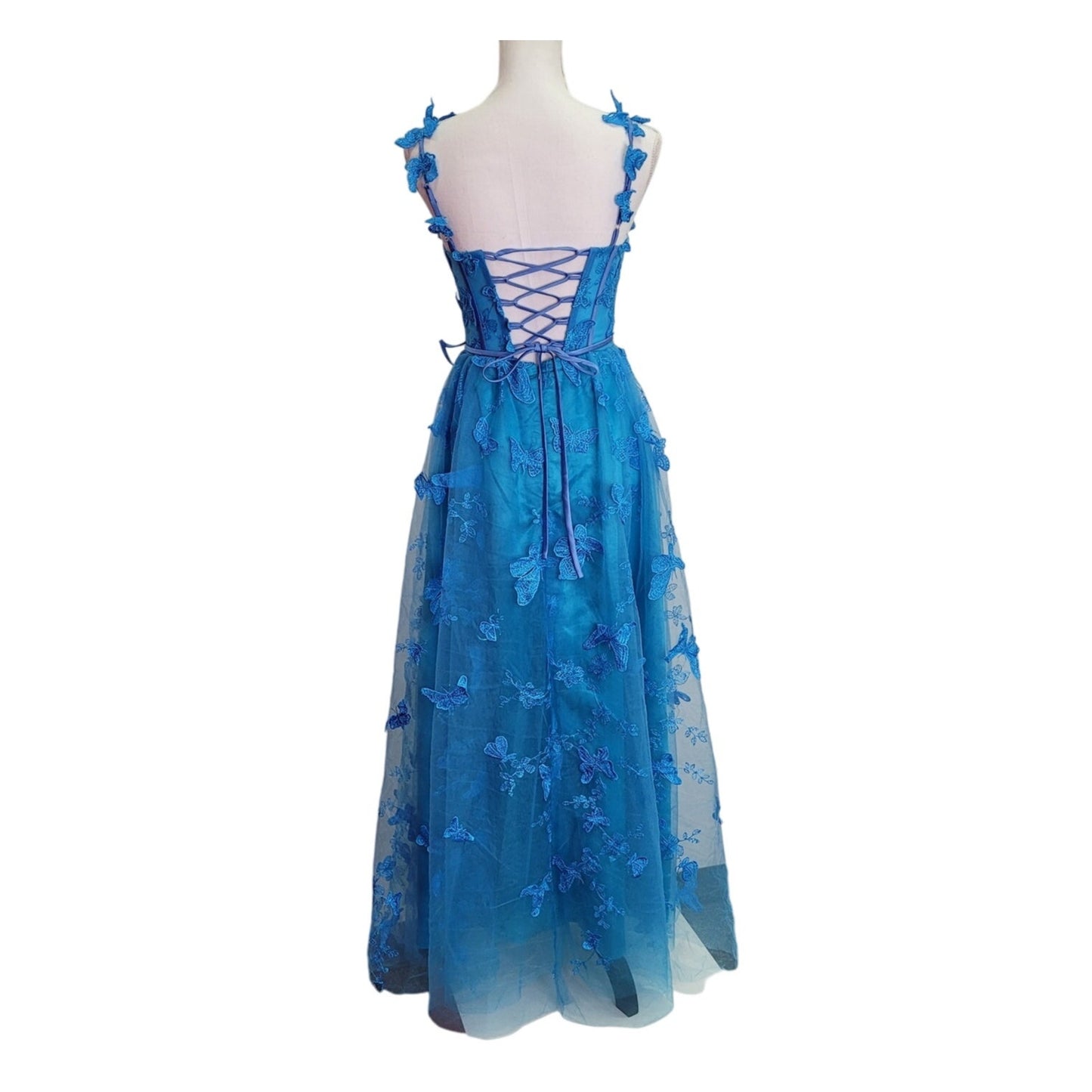 Women's Bright Blue Butterfly Dress with Corset Back