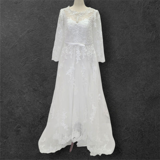 Long Sleeve Embroidered Wedding Dress with High Neck