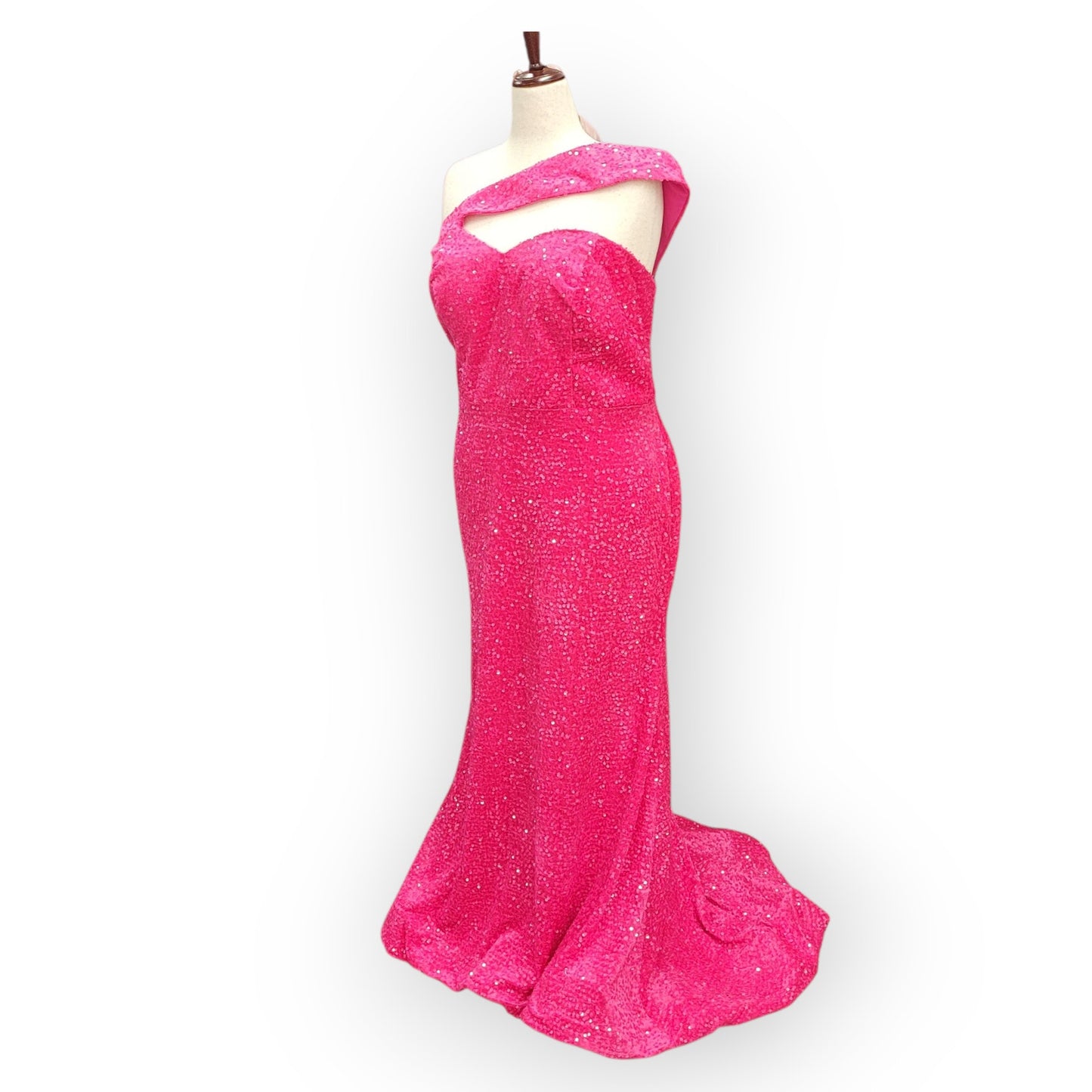 Fitted Hot Pink Sequin Gown with Asymmetric Shoulder Strap