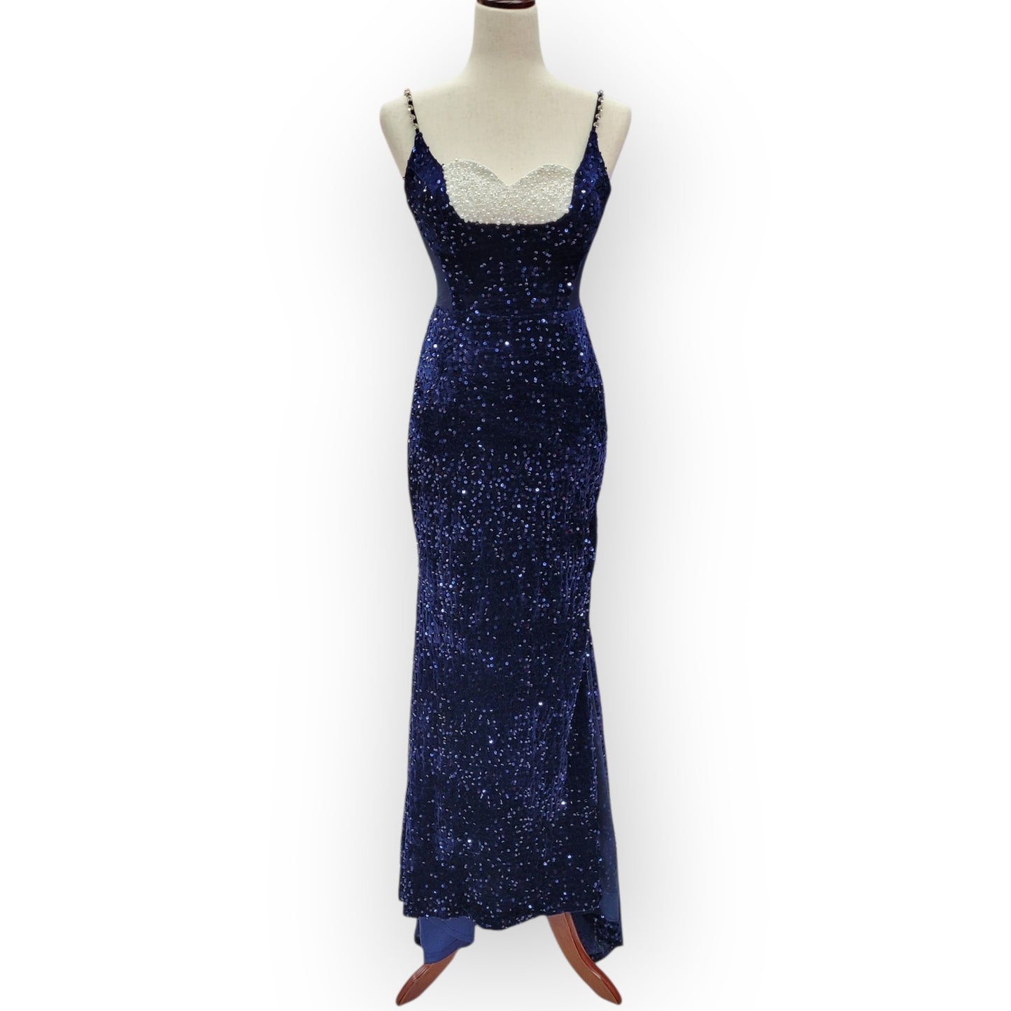 Fitted Navy Blue Sequin Gown with Pearl Detail Bust and Tulle Side Train