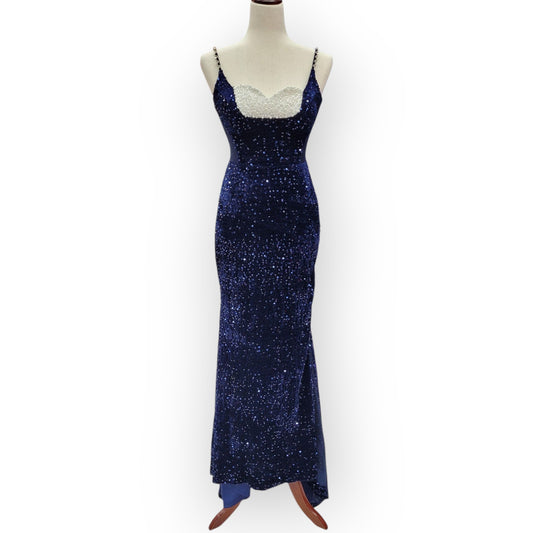 Fitted Navy Blue Sequin Gown with Pearl Detail Bust and Tulle Side Train