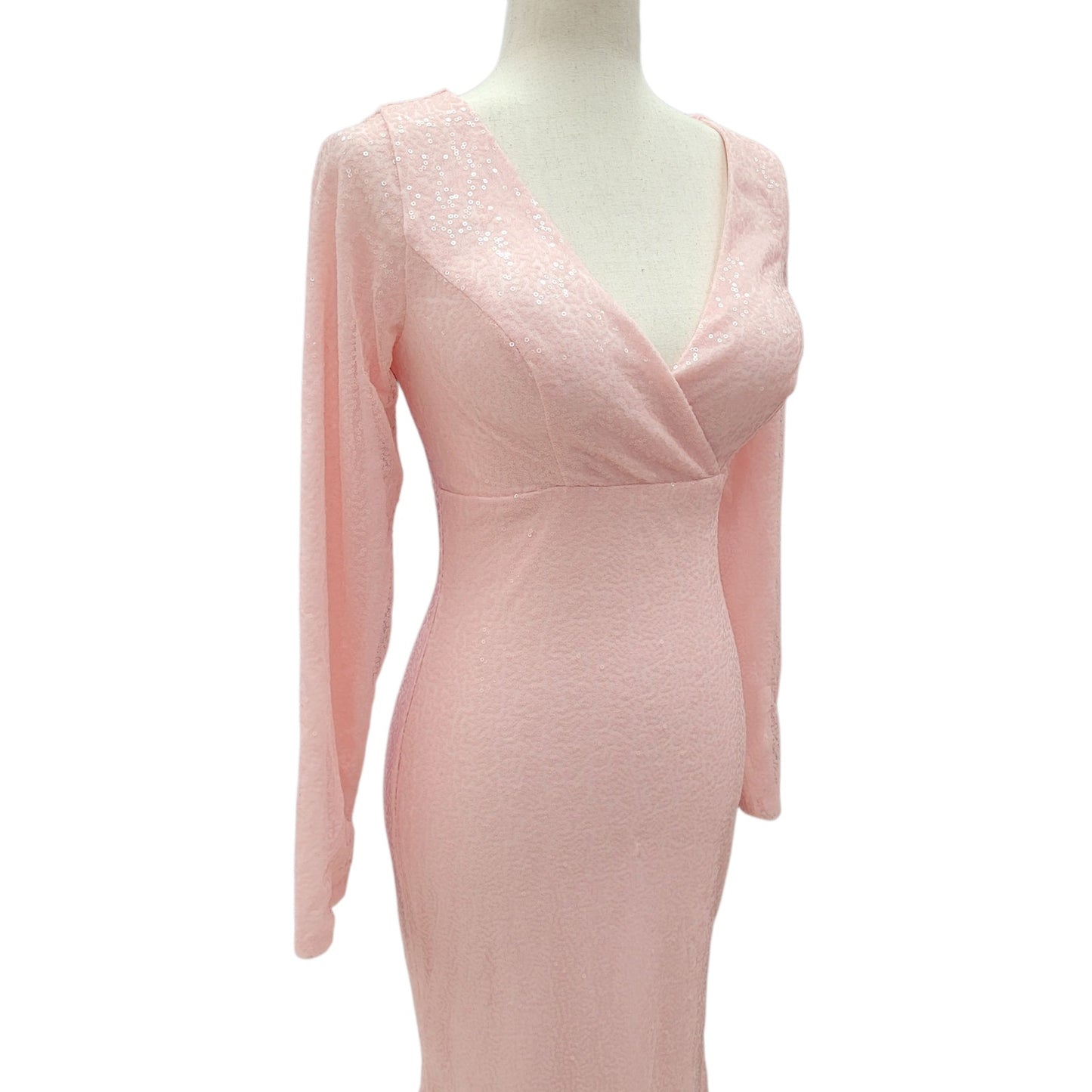 Light Pink Fitted Sequin Gown with Long Sleeves