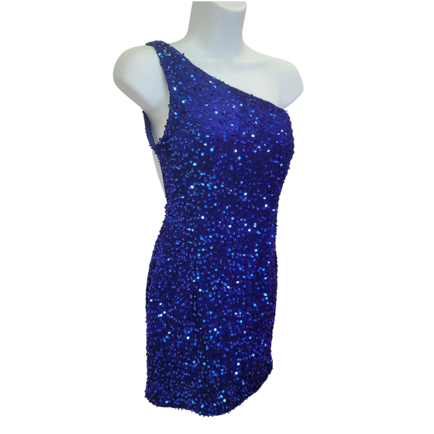 Women's Short One Shoulder Strappy Sequin Dress in Royal Blue