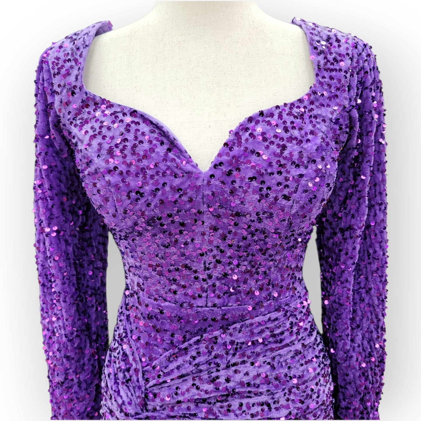 Fitted Long Sleeve Sequin Gown with Leg Slit and Corset Back