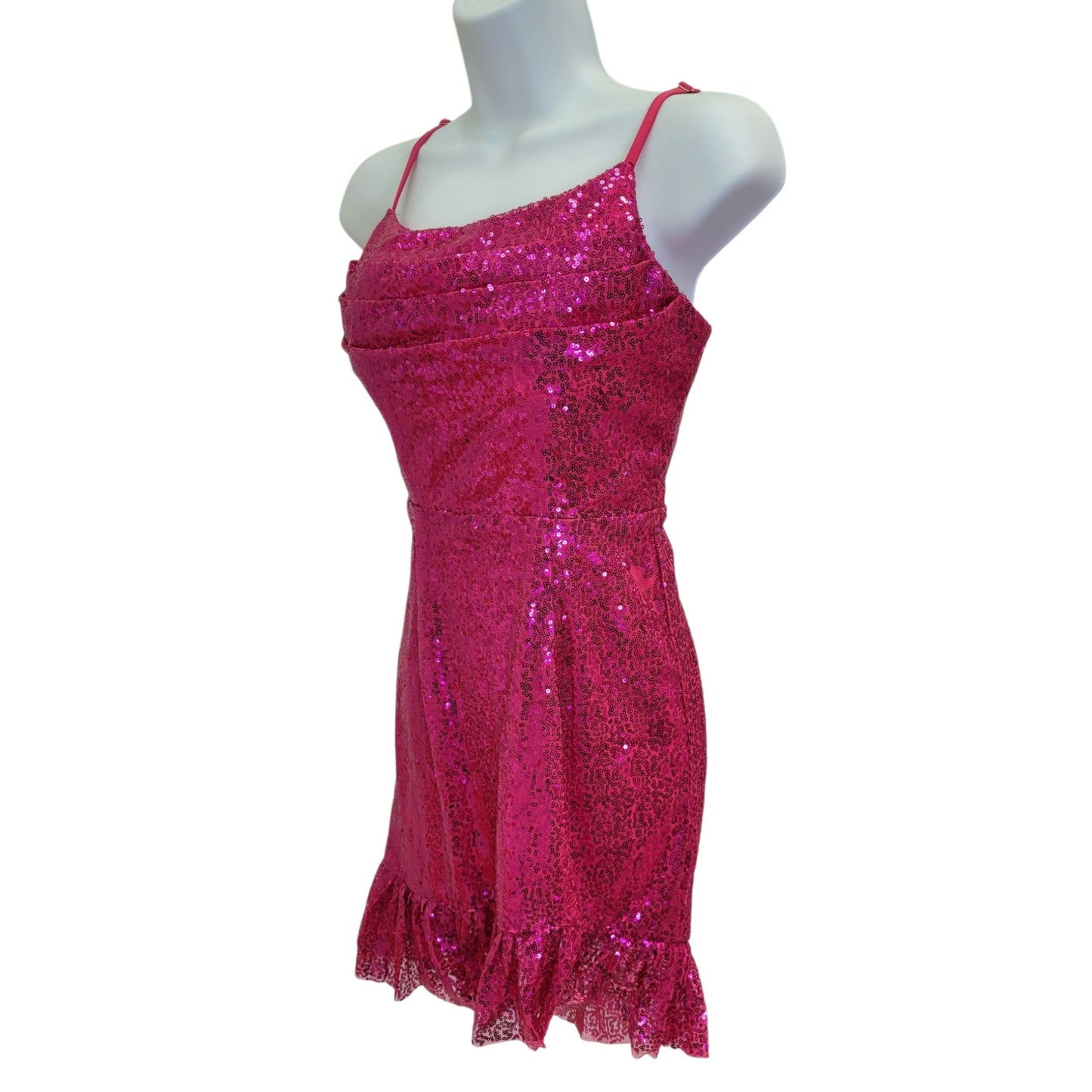 Women's Short Hot Pink Sequin Dress with Corset Back