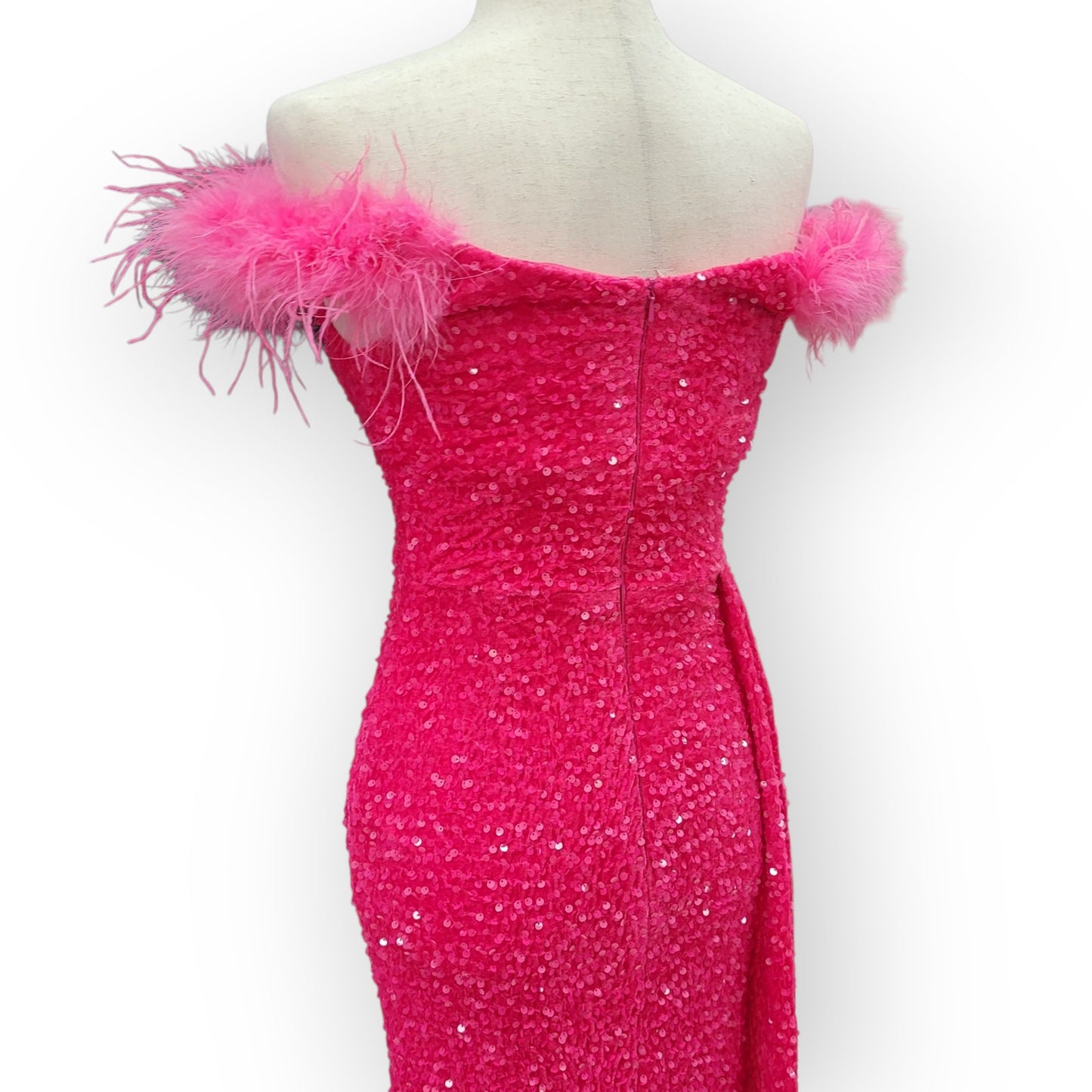 Hot Pink Evening Gown with Feathered Off-Shoulder Straps and Side Train