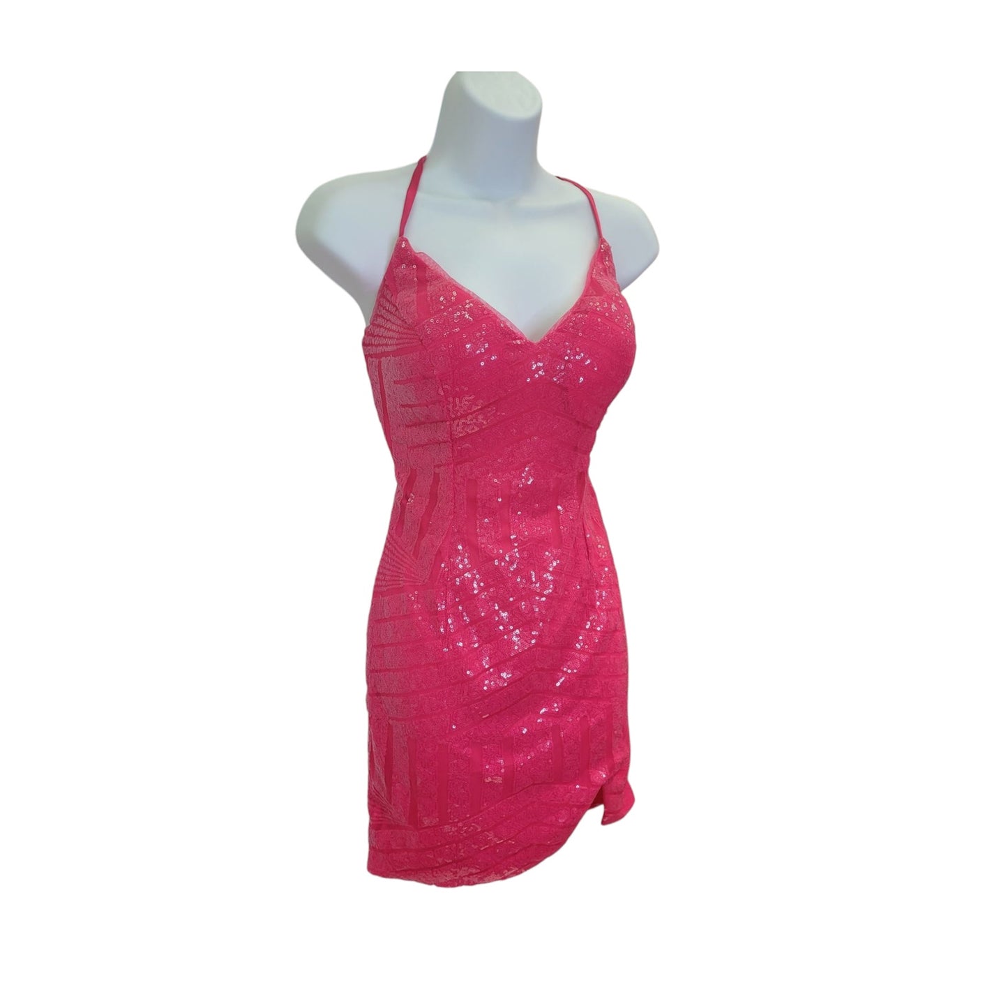 Women's Short Hot Pink Sequin Patterned Dress with Strappy Corset Back