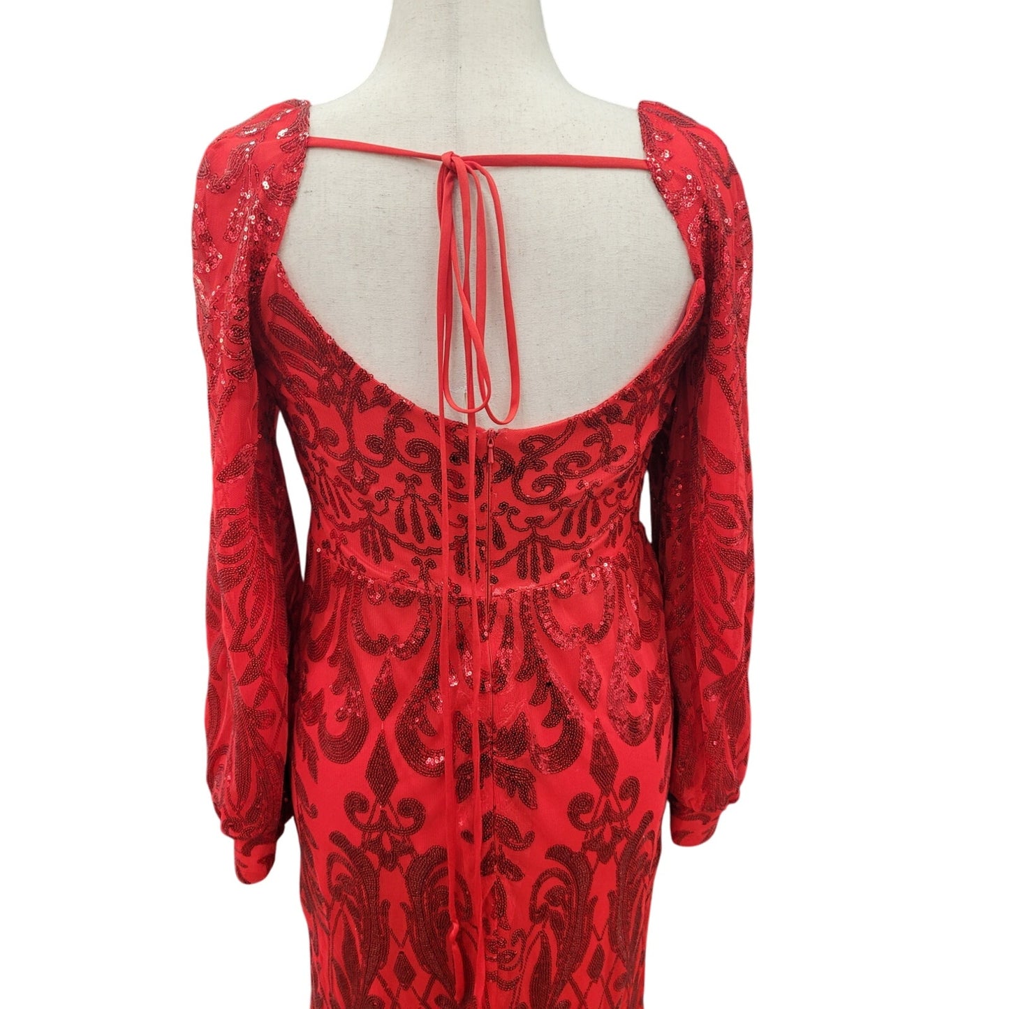 Long Sleeved Patterned Sequin Gown Bright Red Size 12